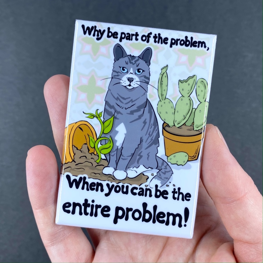 Gray Tabby Cat & Plants Magnet, Funny Pet Portrait Decor Gift Handmade 2x3"
